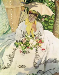 Mujeres en el jardín (detalle de una joven sentada con un parasol)